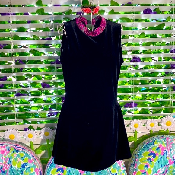 Lucky S black velour romper with hot pink collar and lining - Picture 2 of 5